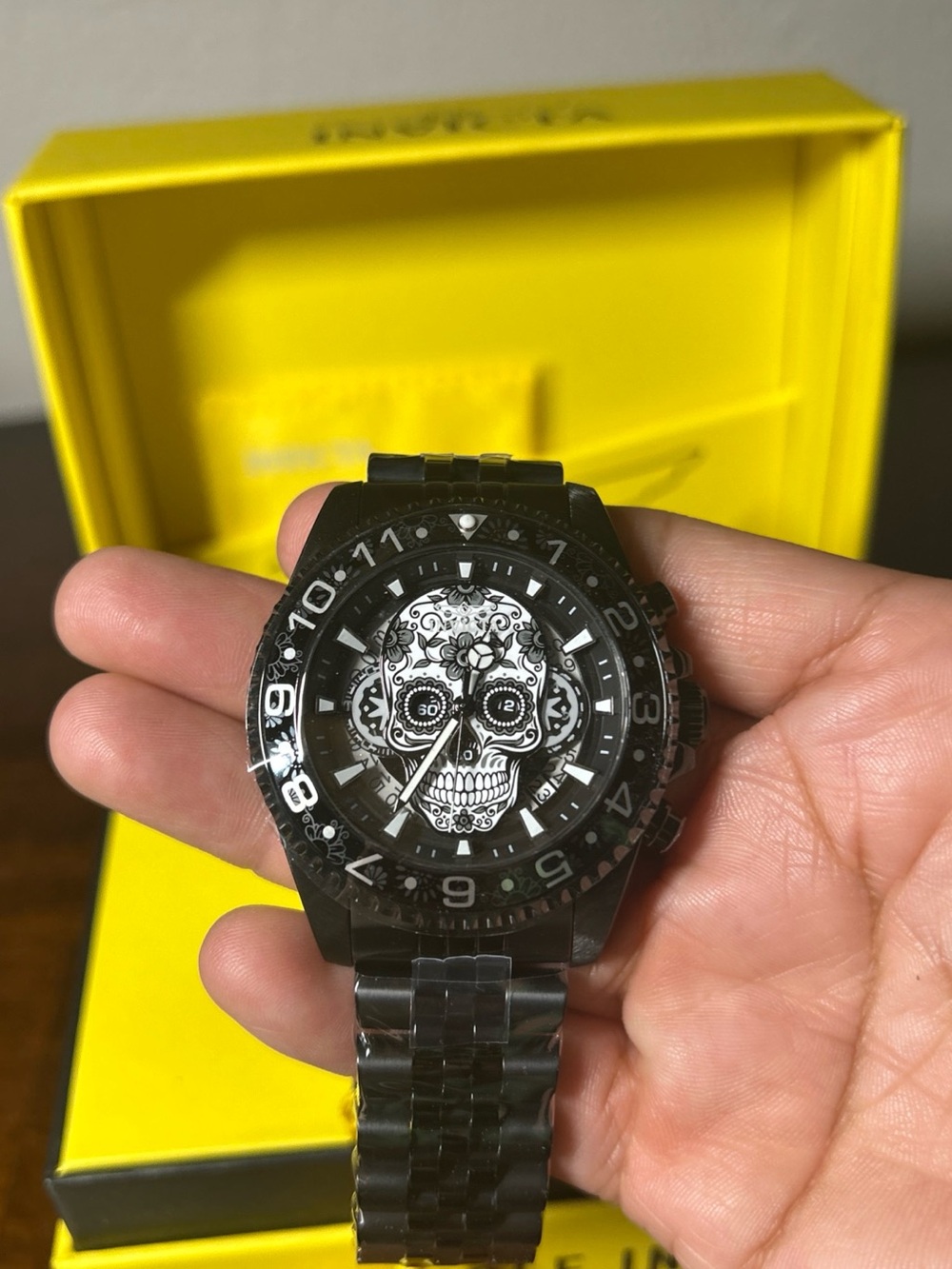 Invicta Men’s Black Stainless Steel Skull Dial Watch